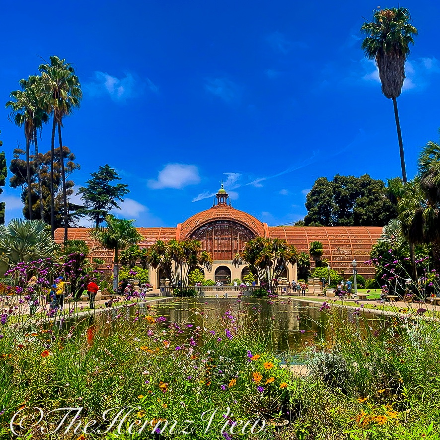 A large domed wooden lattice building sits behind a calm reflecting pool surrounded by tall palm trees and colorful purple flowers under a vivid blue sky.