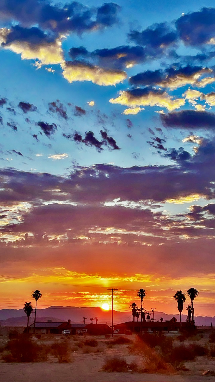 Silhouetted palm trees, low desert buildings, and utility poles against a vibrant sunset sky filled with intense orange glow and dark dramatic clouds.