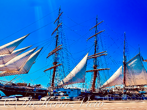 A historic tall ship with white sails and intricate rigging moored at a harbor waterfront under a clear blue sky.