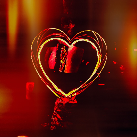 A glowing yellow and red heart-shaped light outline set against a dark background with warm side flares.
