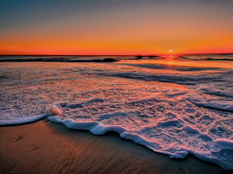 Seafoam washes onto a sandy shore beneath a vibrant orange sunset.